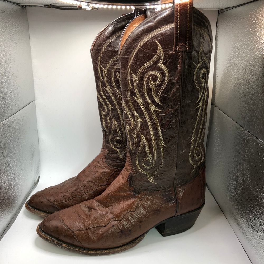 Tony Lama Mens Full Quill Ostrich Western Boots Brown Leather 8.5 EE Wide